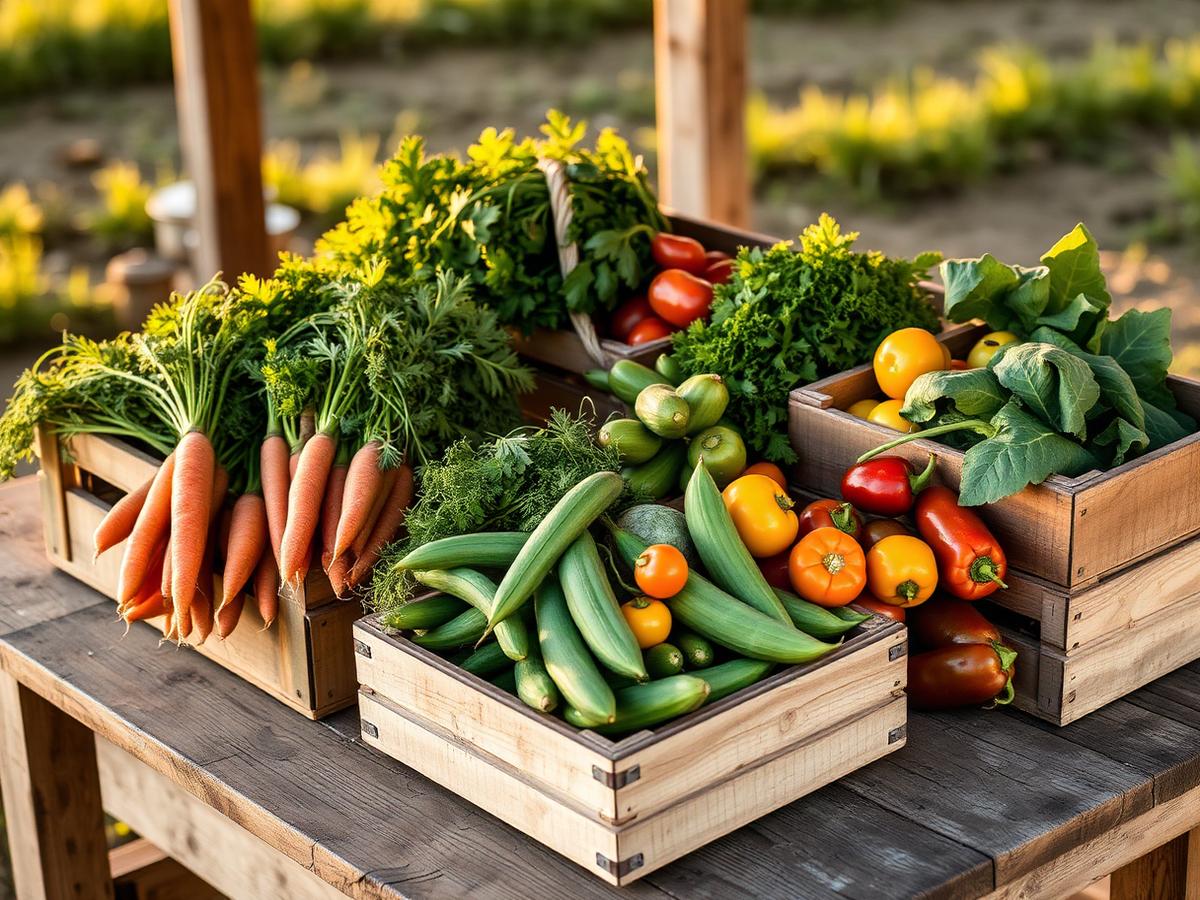 Fresh seasonal vegetables in wooden crates